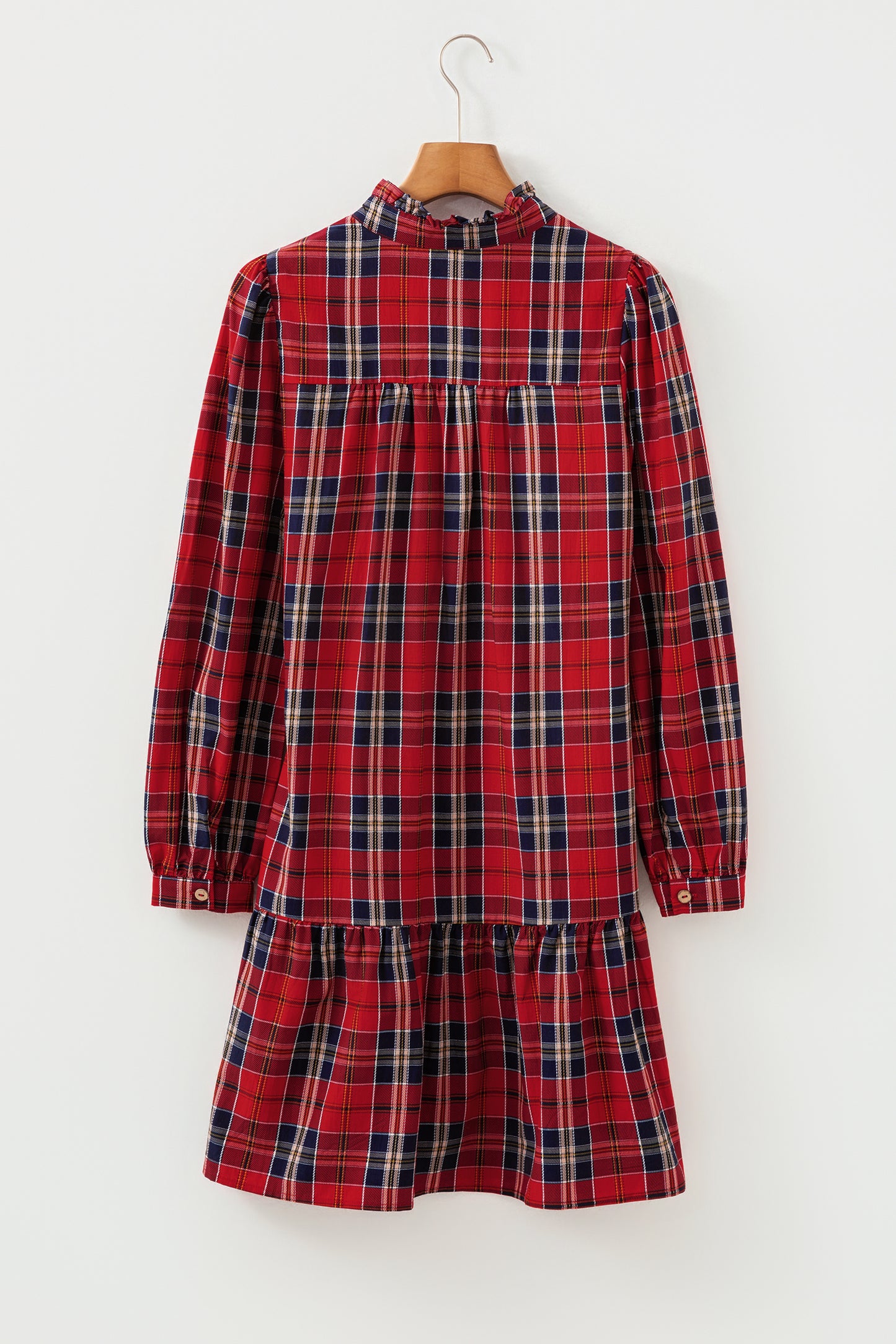 Green Plaid Print Frilly Collar Long Sleeve Shift Mini Dress