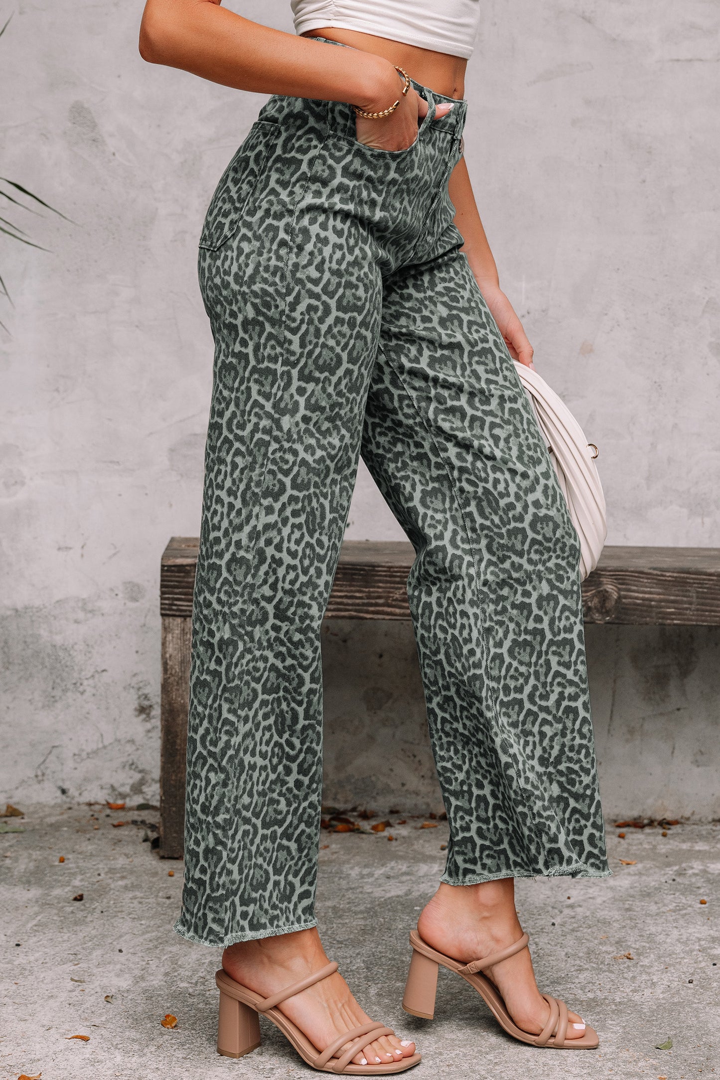 Gray Leopard Frayed Edge Wide Leg High Waist Jeans