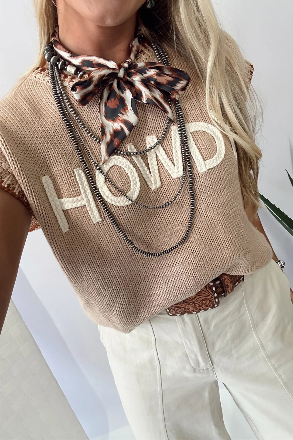 Parchment Contrast Trim Short Sleeve Knit HOWDY Western Sweater