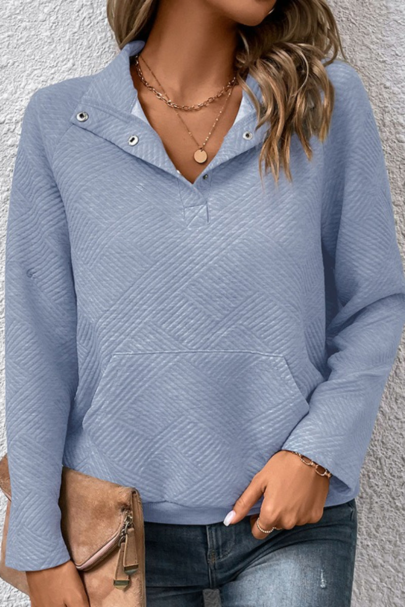 Textured Polyester Sweatshirt Casual Boutique Snap Collar