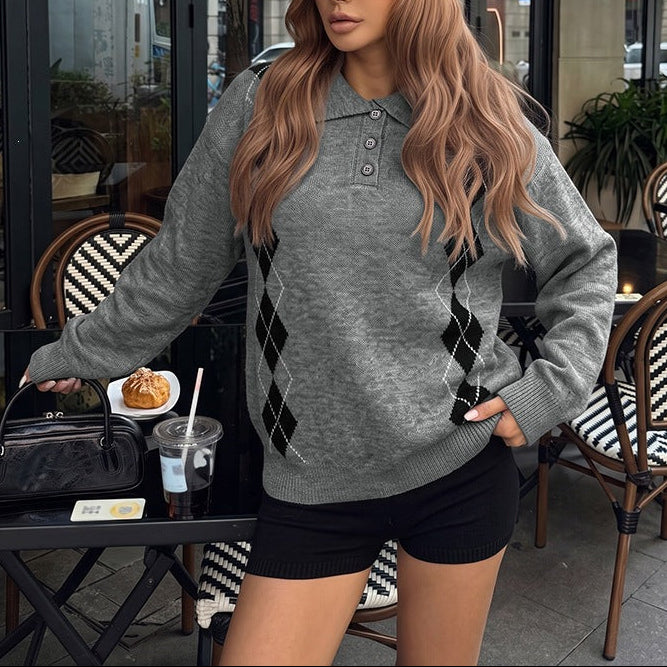 Vintage Argyle Collared Sweater Women Oversized