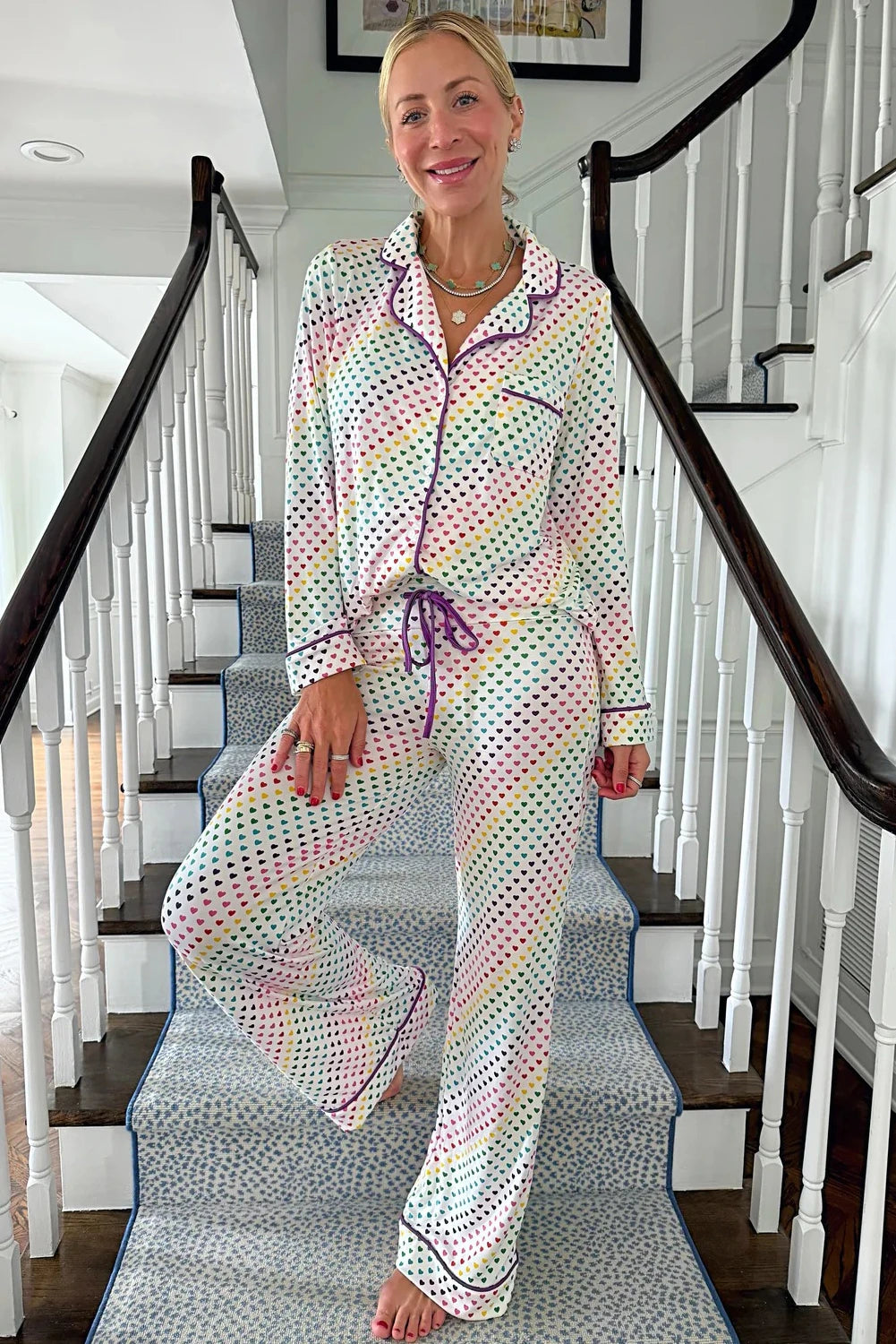 White Pride Heart Print Valentines Long 2pcs Pajama Set