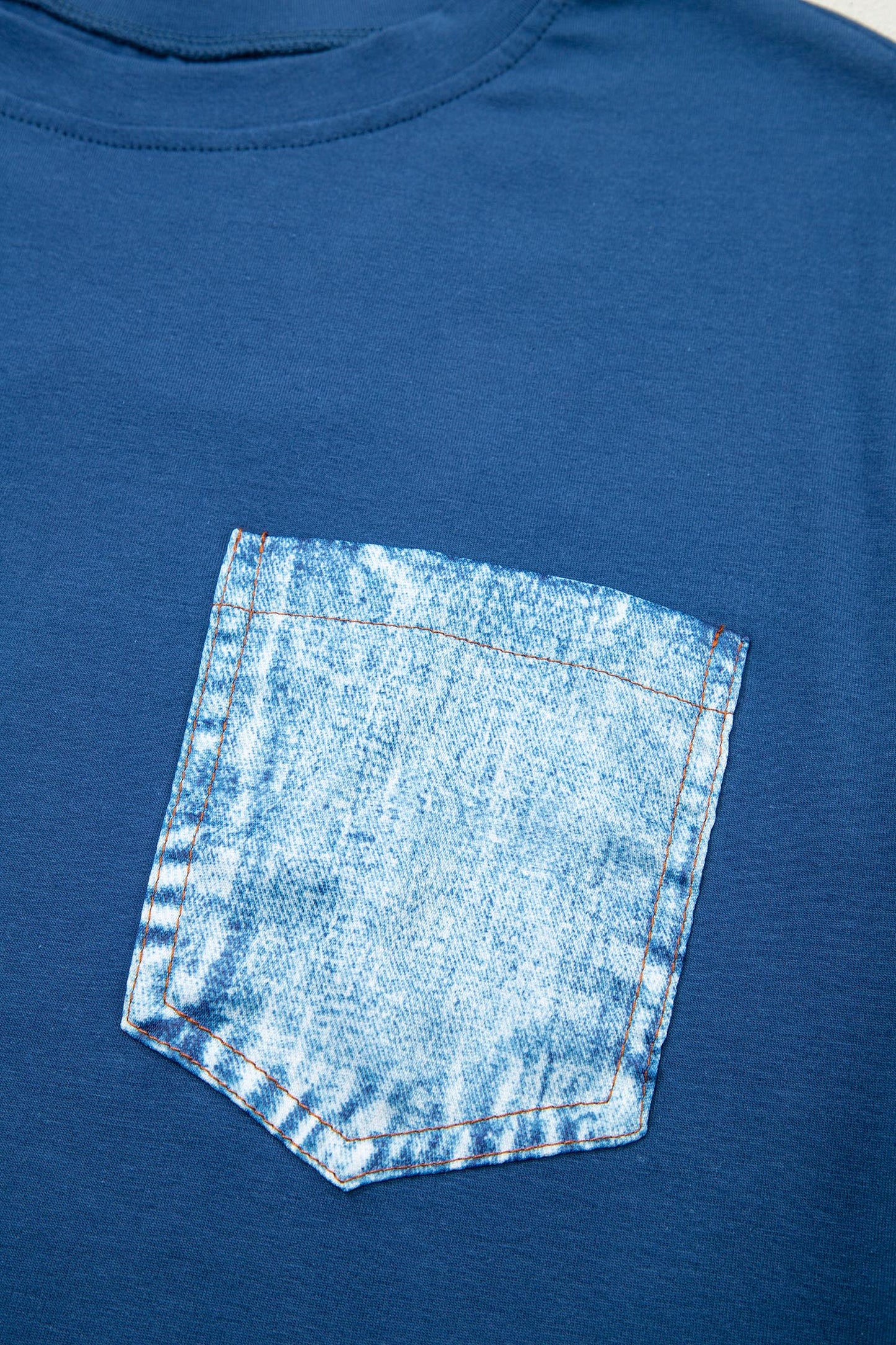 Sail Blue Color Block Chest Pocket Patched Casual Short Sleeve Top