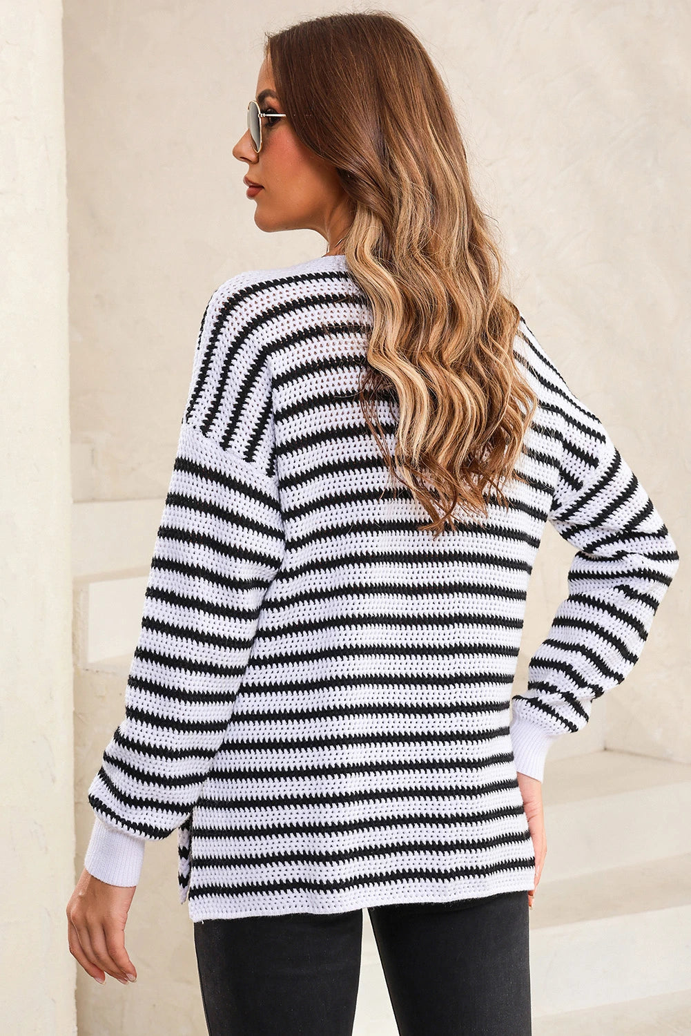 White Striped Knit Split Hem Baggy Sweater
