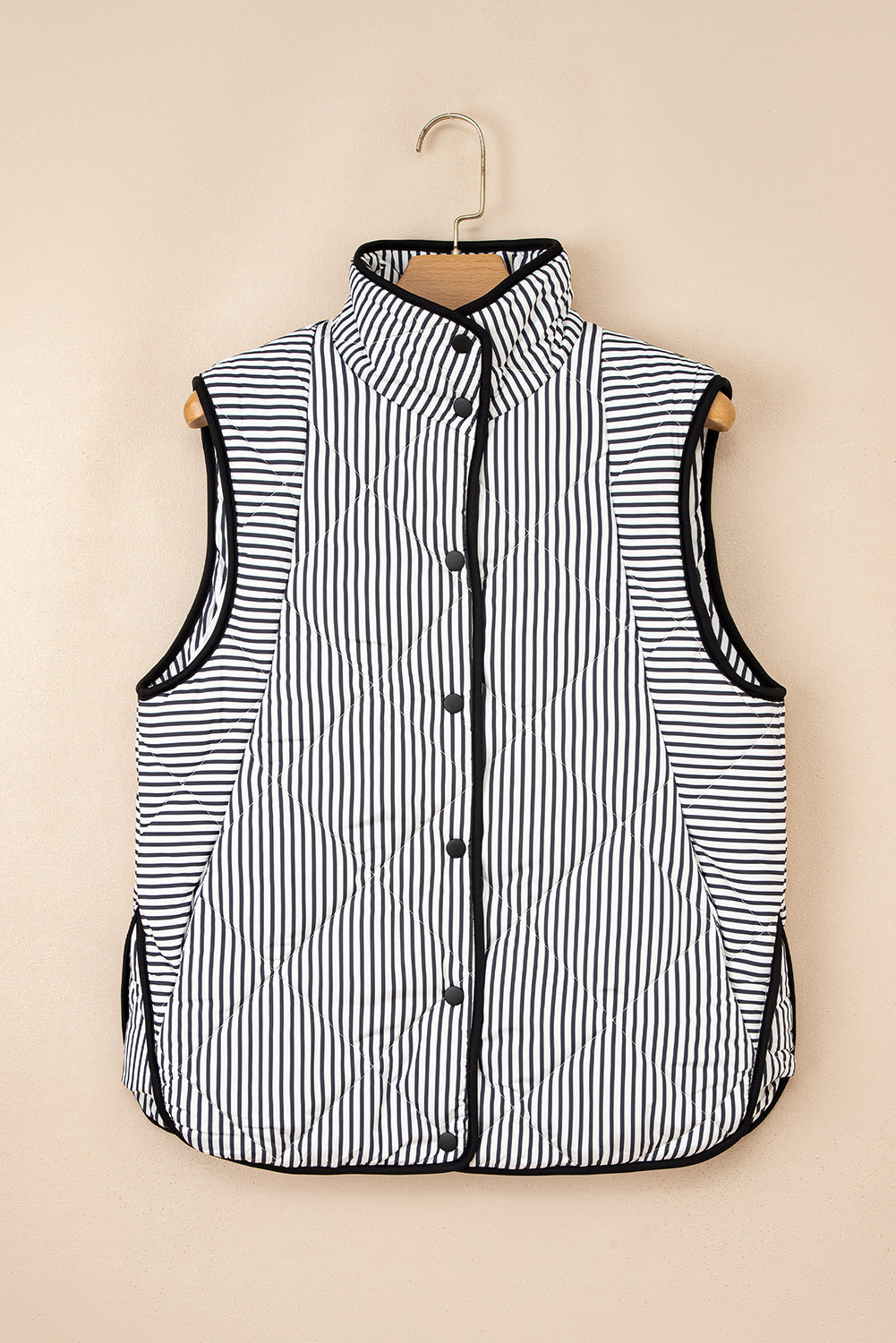 Brown Stripe Contrast Trim Snap Button Collared Winter Vest