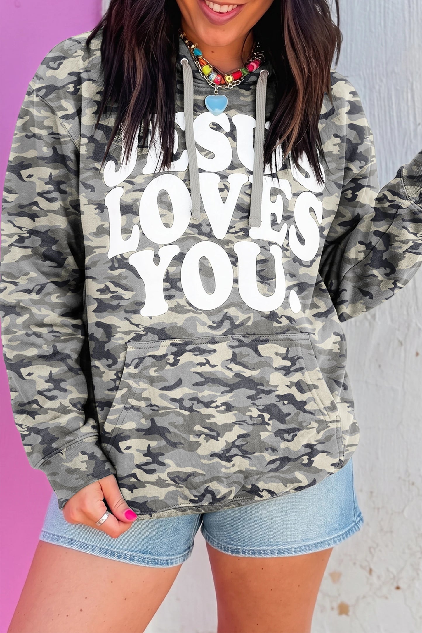 Retro Camouflage Jesus Loves You Print Relaxed Hoodie
