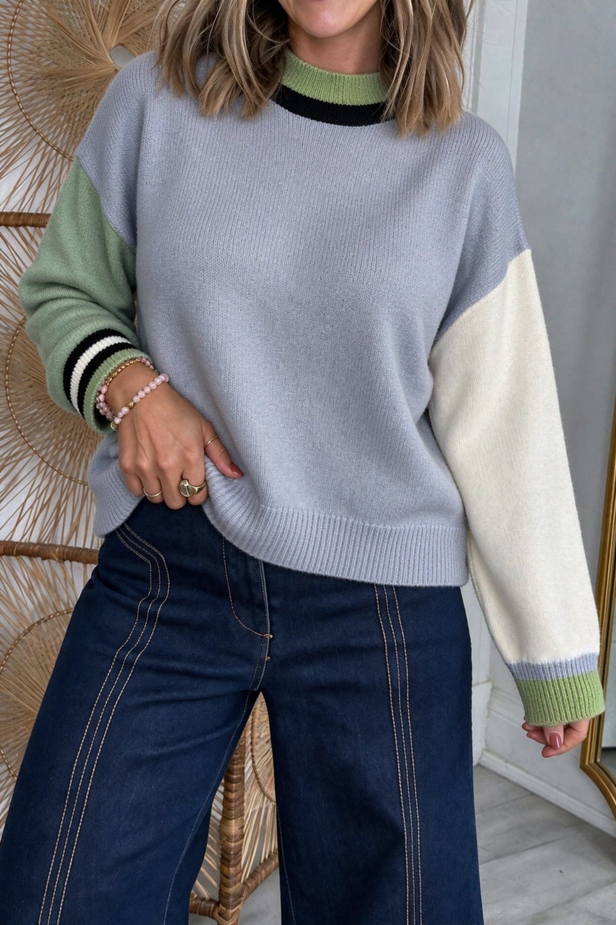 Multicolour Color Block Mock Neck Loose Pullover Sweater