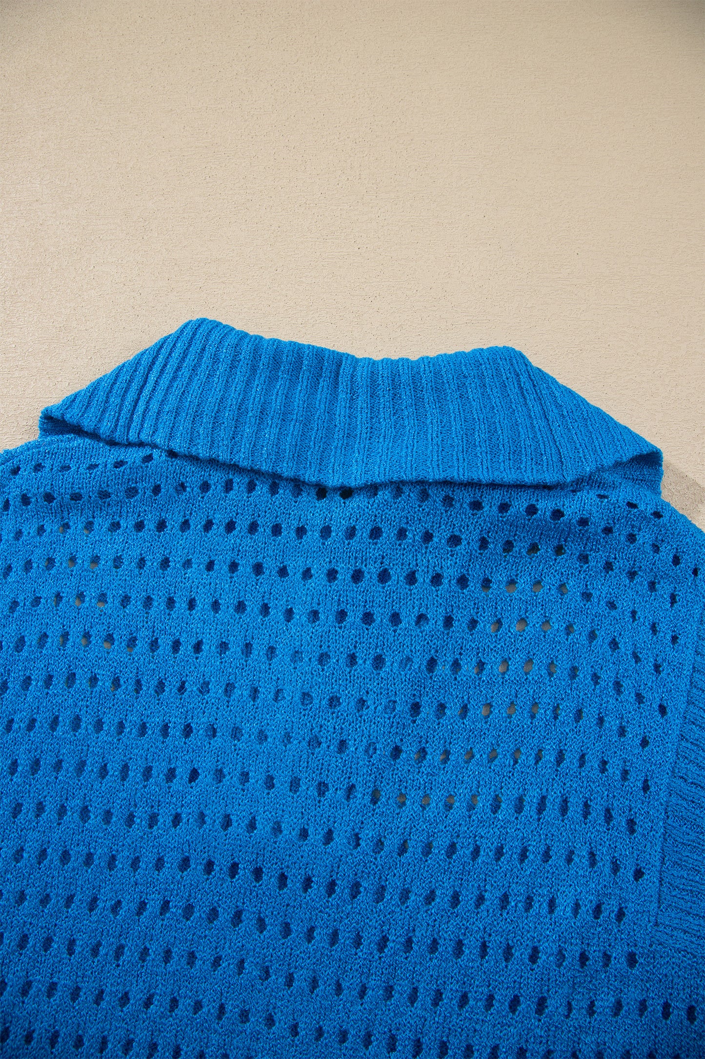 Sky Blue Solid Color Hollowed Knit Short Sleeve Zipper Collar Knitwear Top