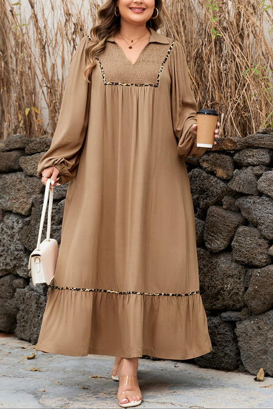 Chestnut Smocked V Neckline Leopard Piping Accent Bracelet Plus Size Long Dress