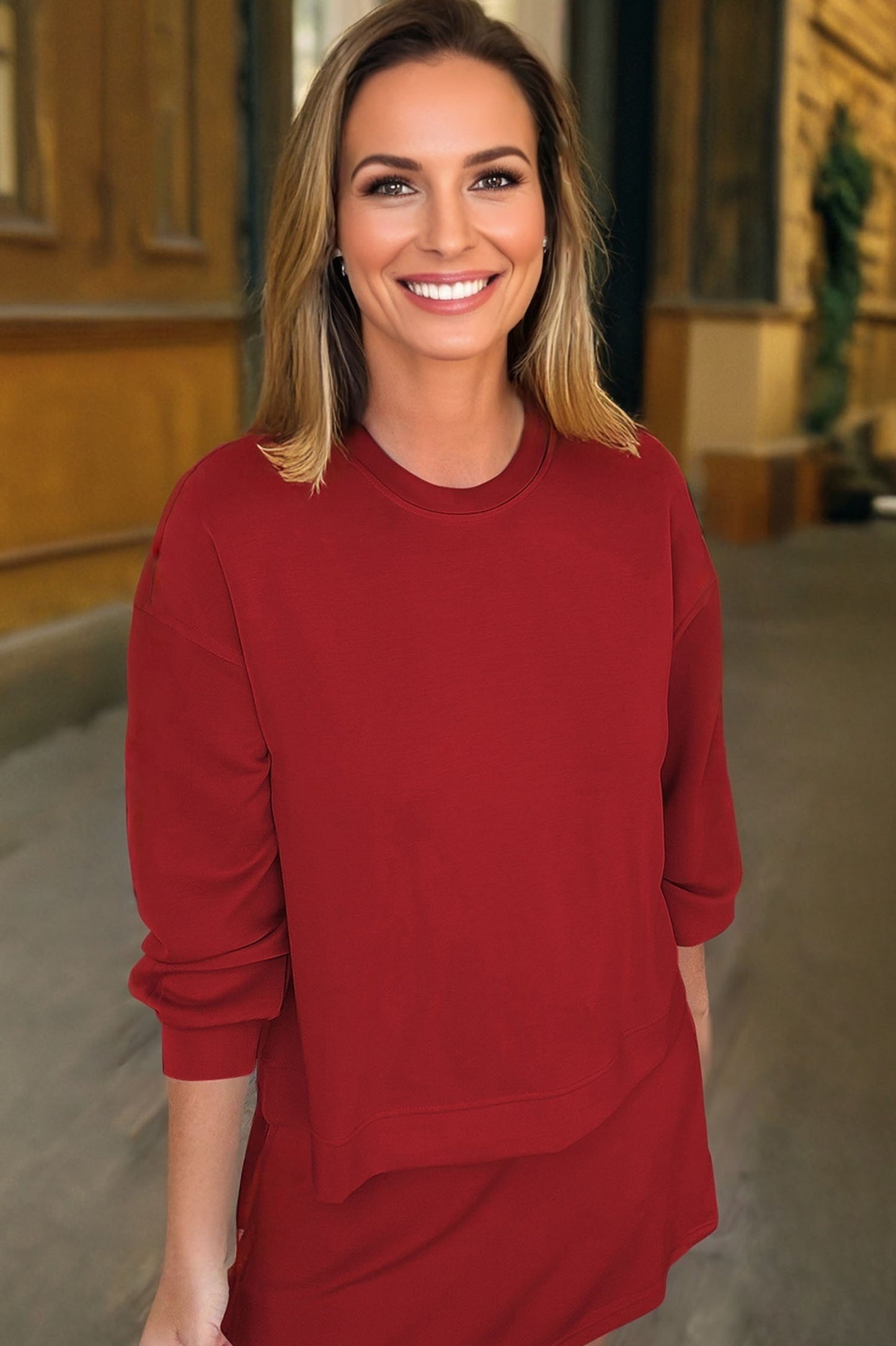 Jet Stream Solid Color Drop Shoulder Pullover Drawstring Mini Skirt 2pcs Outfit