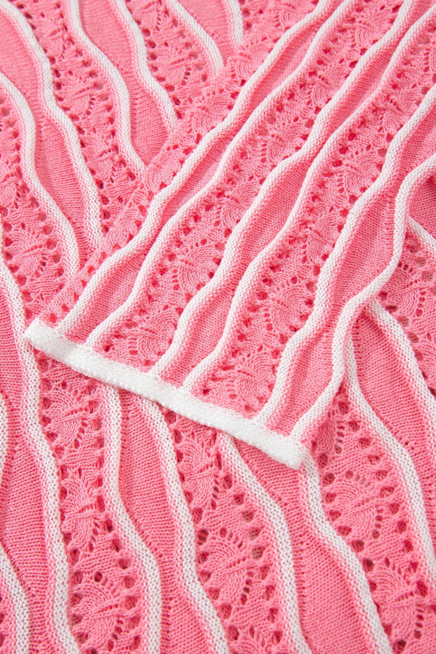 Pink Wavy Detail Hollow Out Knit Long Sleeve Cotton Pullover Sweater