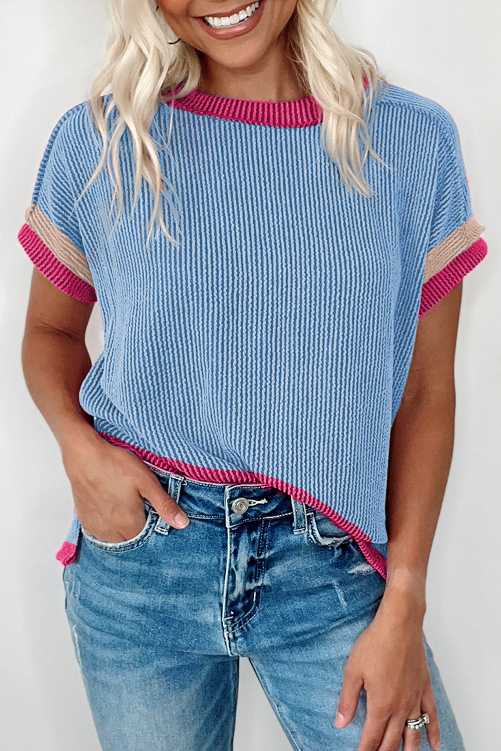 Light Pink Textured Contrast Trim Round Neck T Shirt