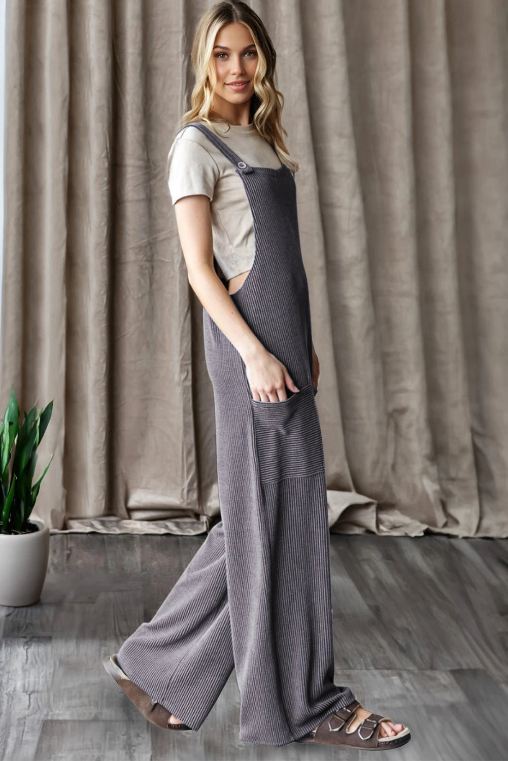 Parchment Ribbed Knit Patched Pocket Wide Leg Overalls