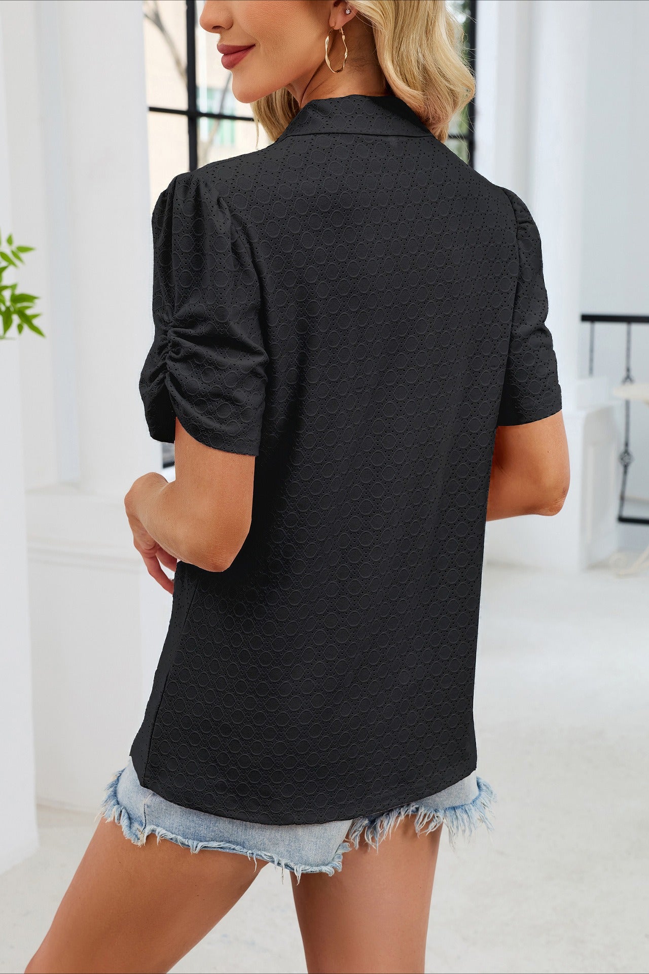 Women's V-Neck Puff Sleeve Polo Shirt Loose Casual Summer Top