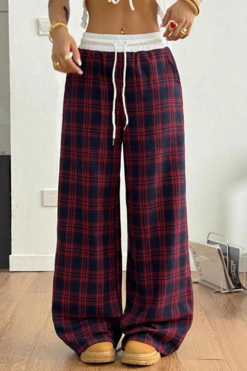 Plaid Wide Leg Pants Drawstring Elastic Waist Casual