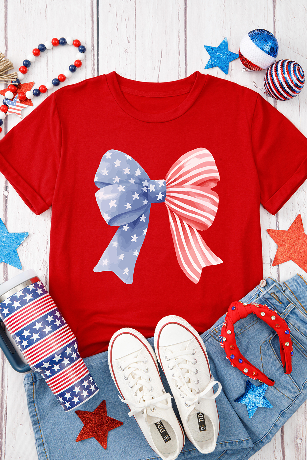 Red Stars and Stripes Bow Print Independence Day T Shirt