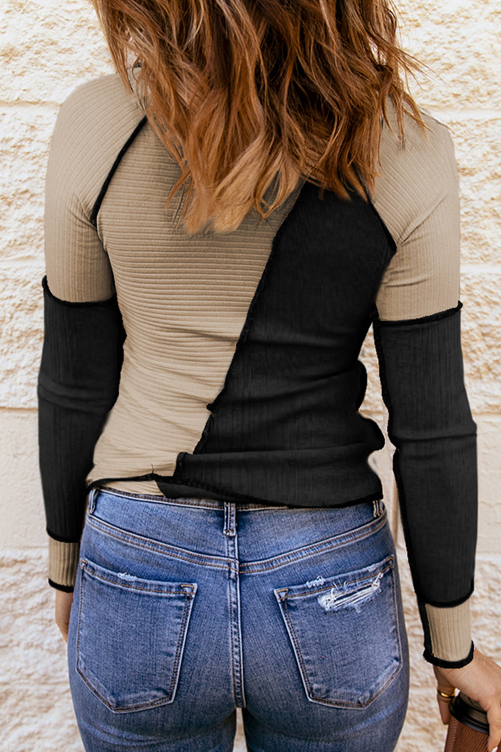 White Irregular Color Block Seaming Trim Rib Knit Top