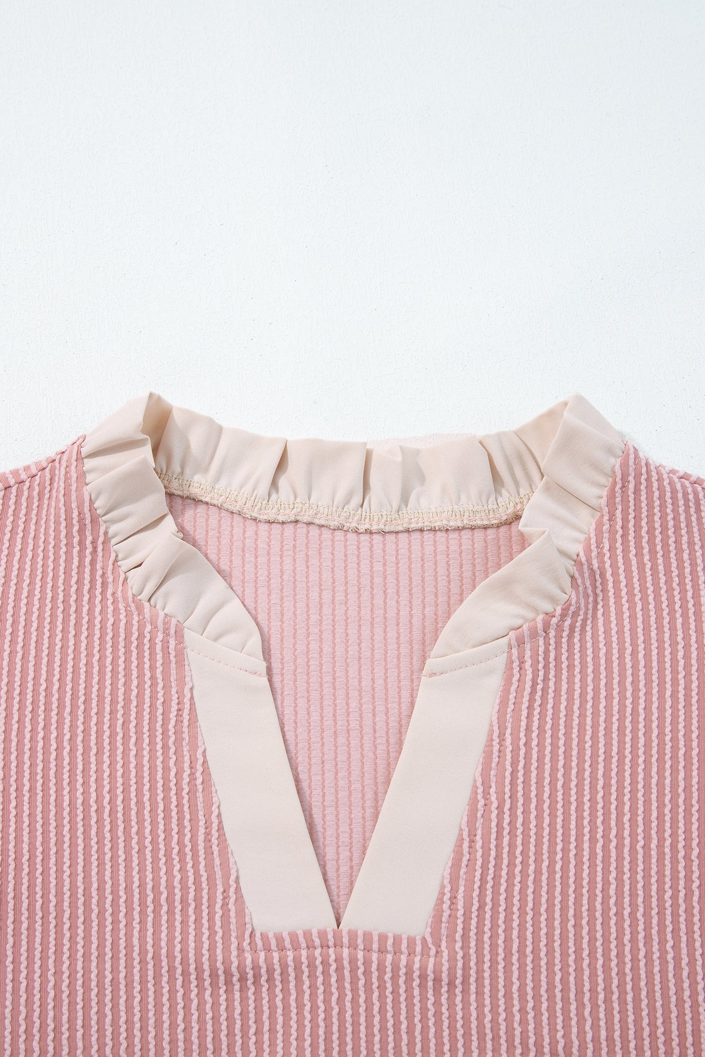 Fushia Plus Size Contrast Frilled Neckline Ruffled Short Sleeve Ribbed Textured Blouse