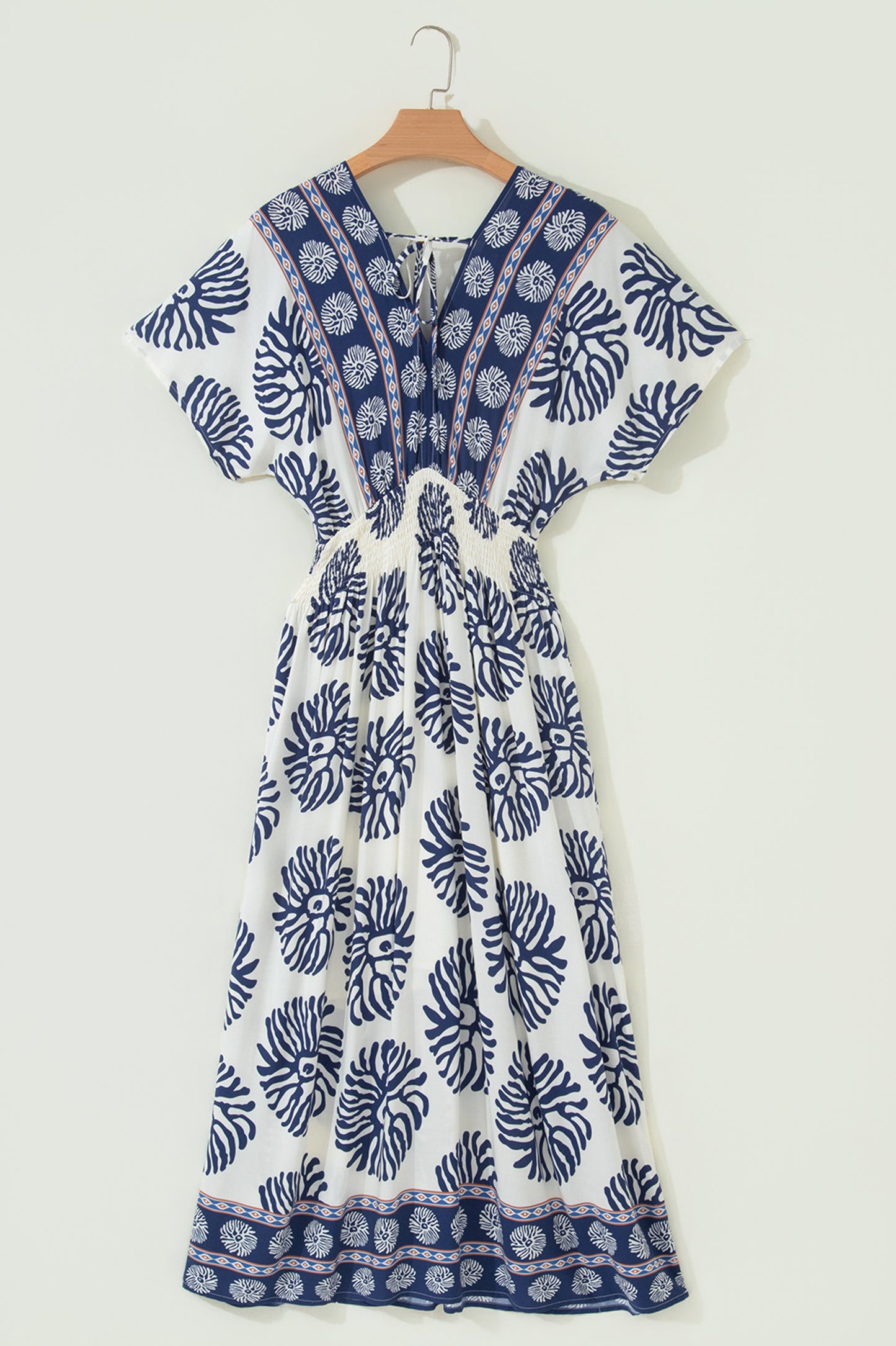Blue Boho Floral Print Contrast Patchwork V Neck Dolman Maxi Dress