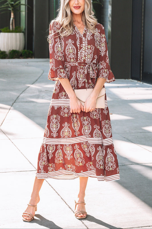 Brown Floral Print Belted Striped Trim Tiered Maxi Dress
