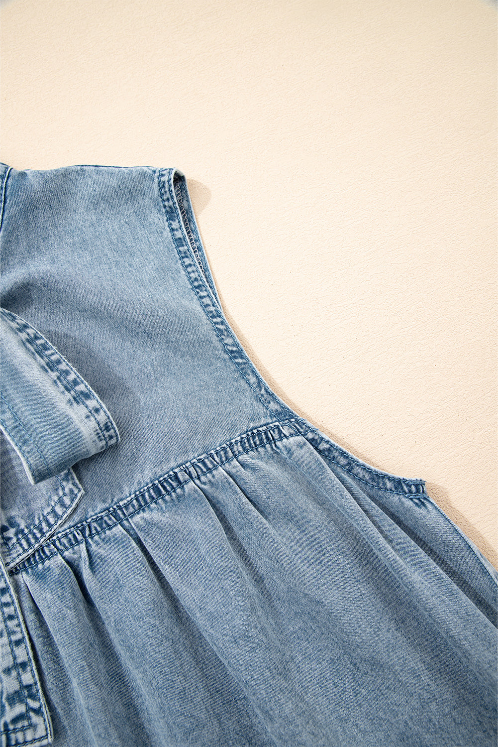 Beau Blue Bowknot Neck Sleeveless Ruffled Chambray Dress