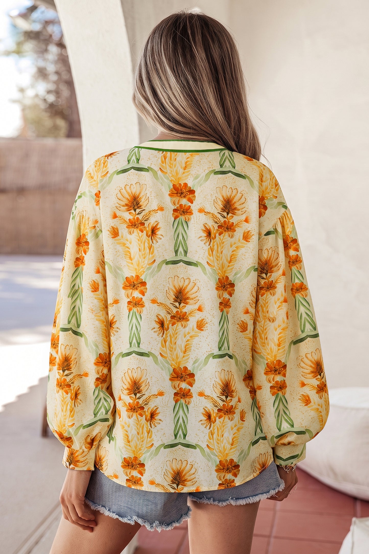 Yellow Floral Print V Neck Long Sleeve Shirt