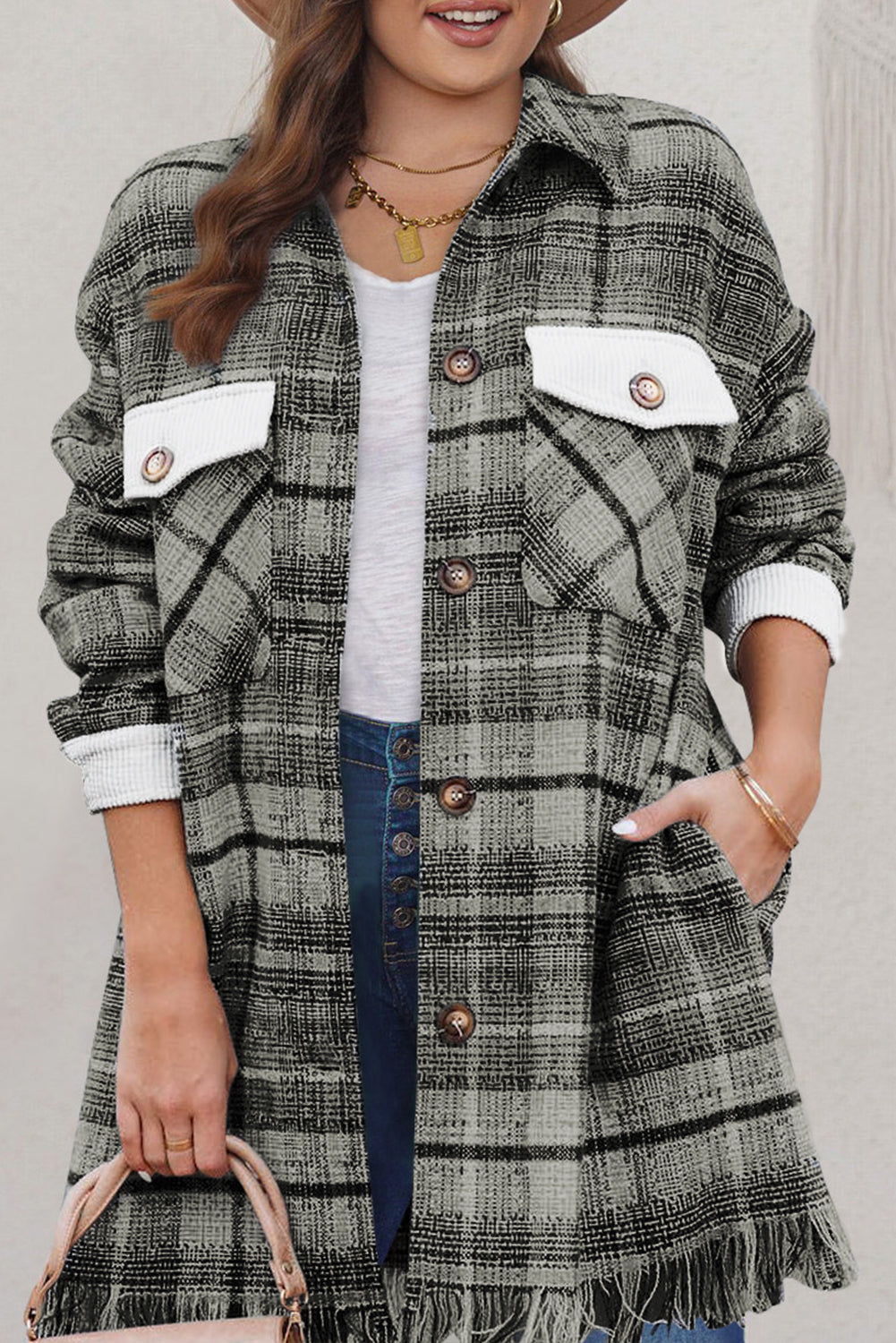 Gray Plus Size Macrame Plaid Coat