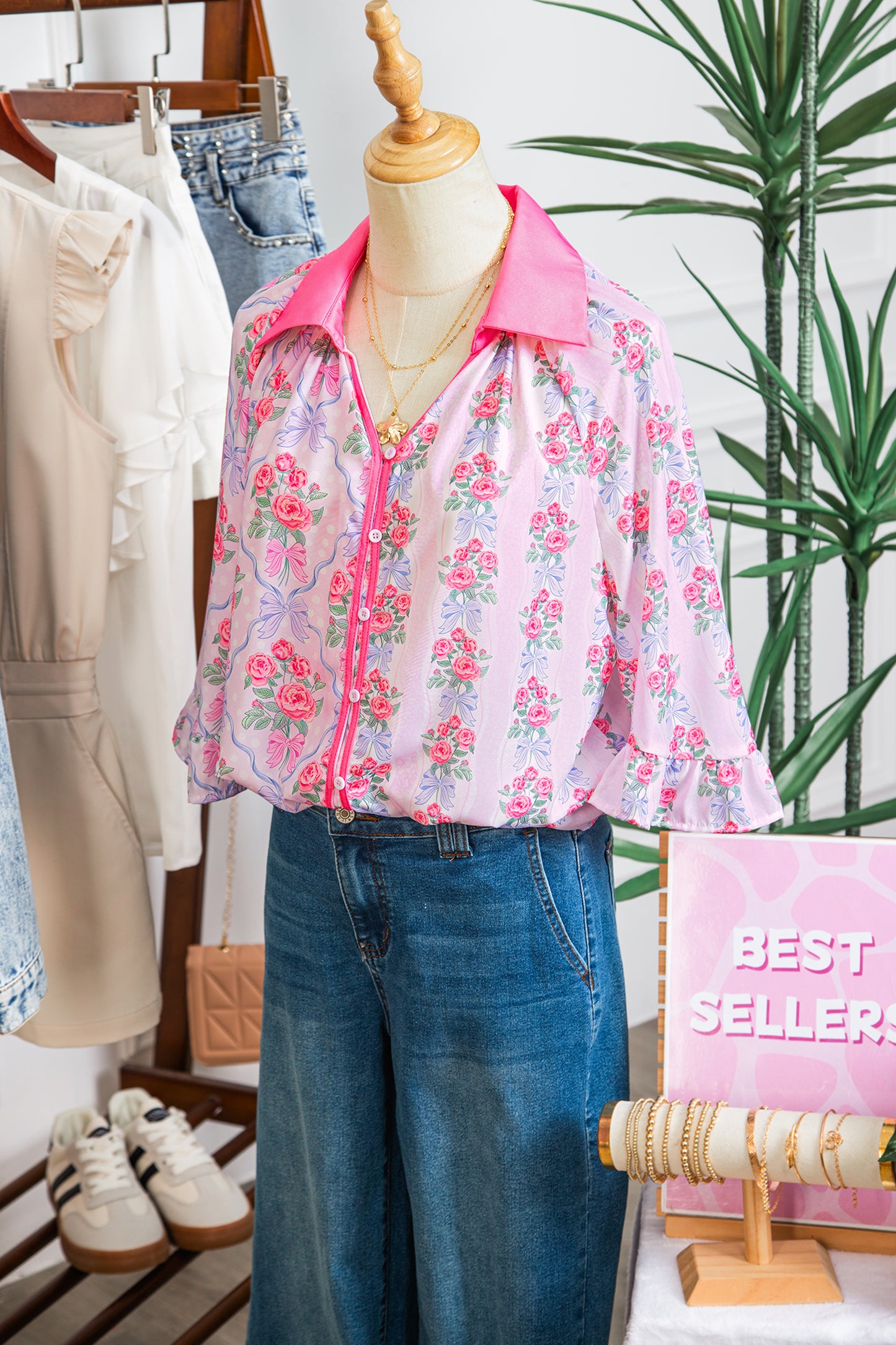 Purple Floral Collared Ruffled Half Sleeve Shirt