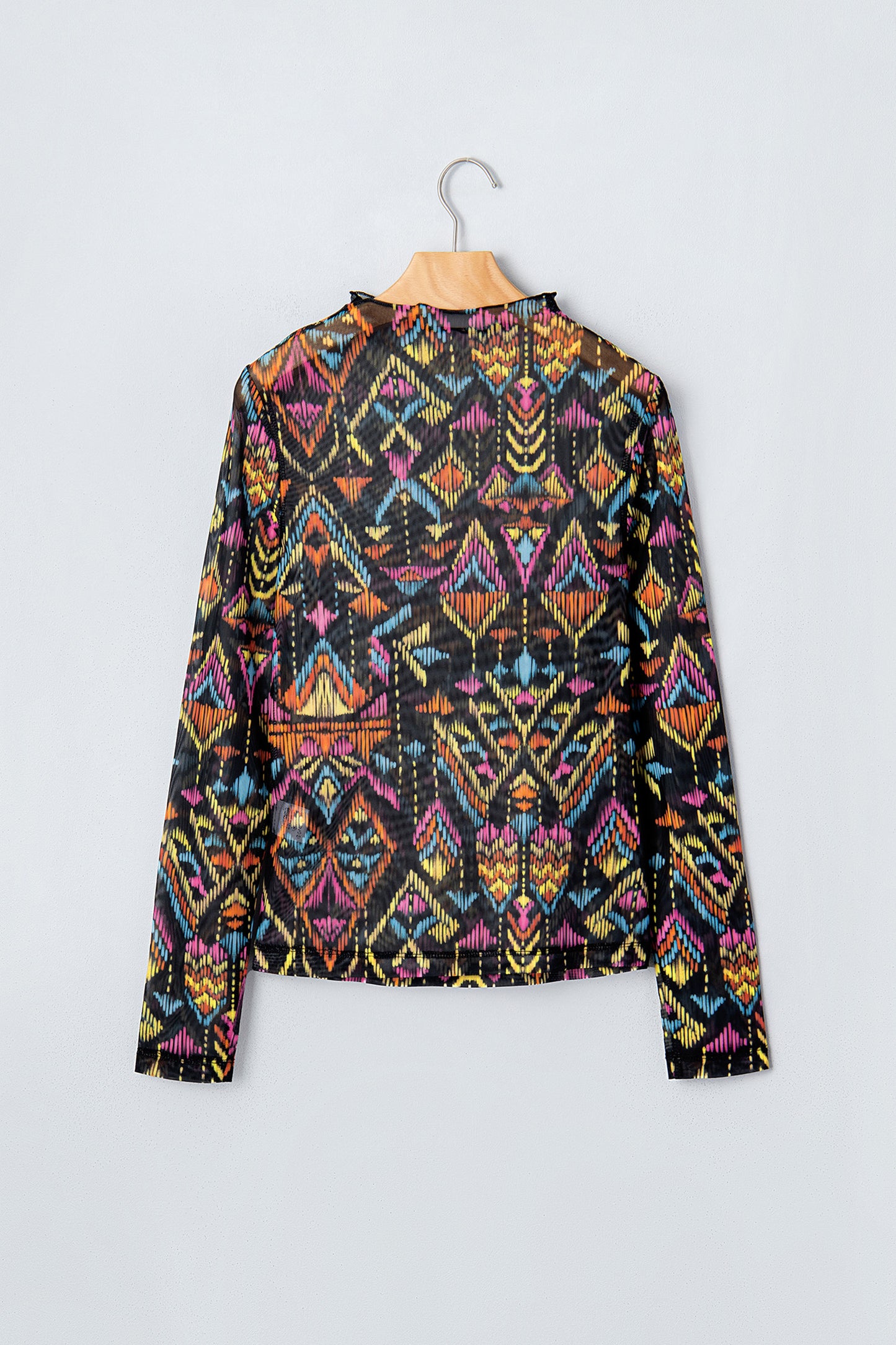 Color black Abstract Print Long Sleeve Stand Neck Mesh Top