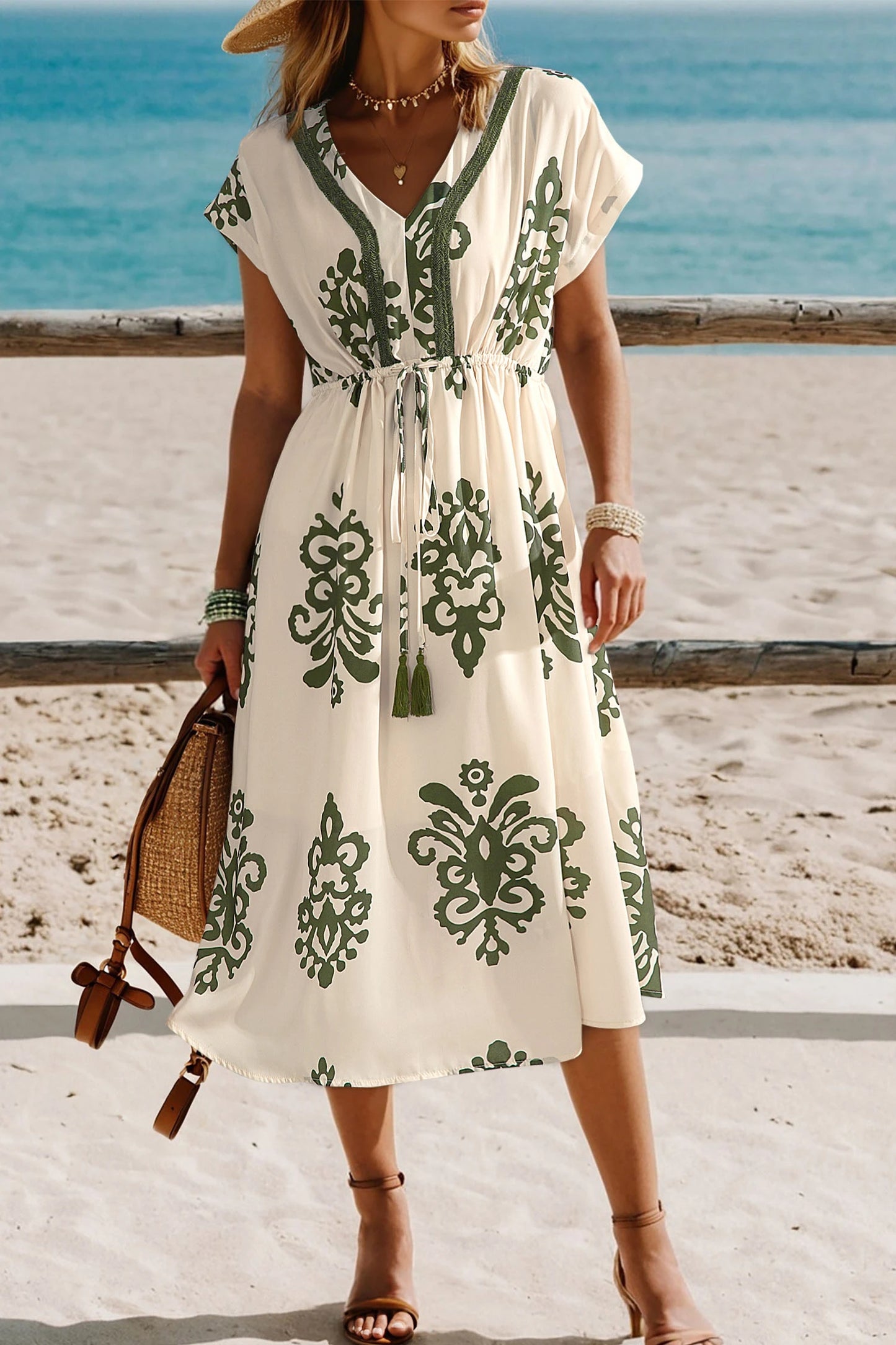 Green Abstract Print Embroidered Trim V Neck Drawstring High Waist Loose Vacation Dress