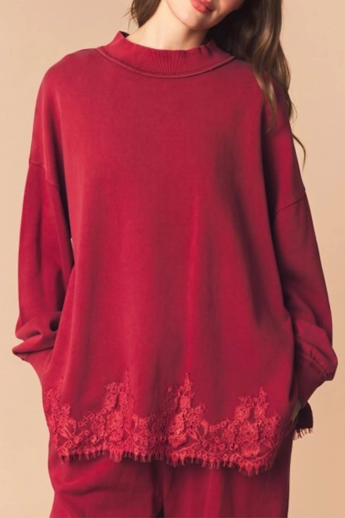Racing Red Solid Color Lace Splicing Hem Mock Neck Pullover Sweatshirt