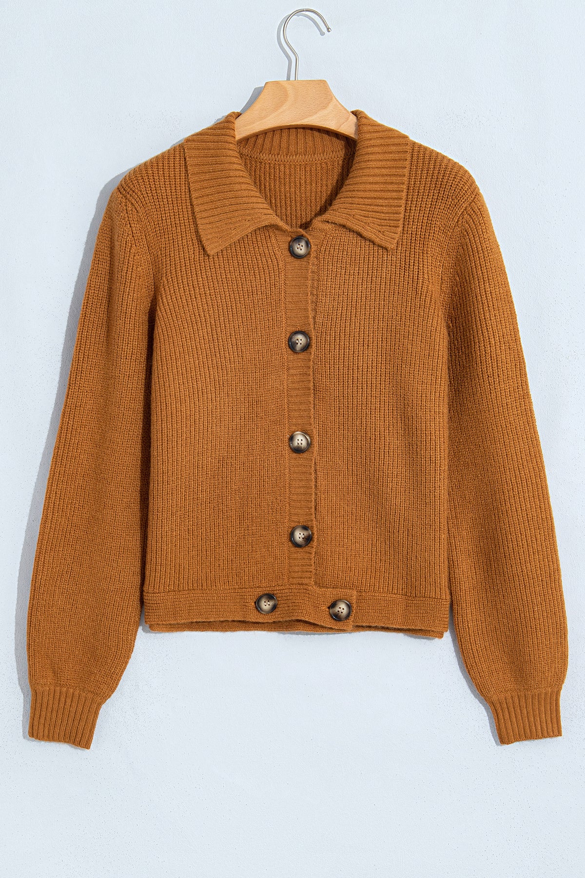 Mustard Ribbed Knit Collar Button Front Long Sleeve Cardigan
