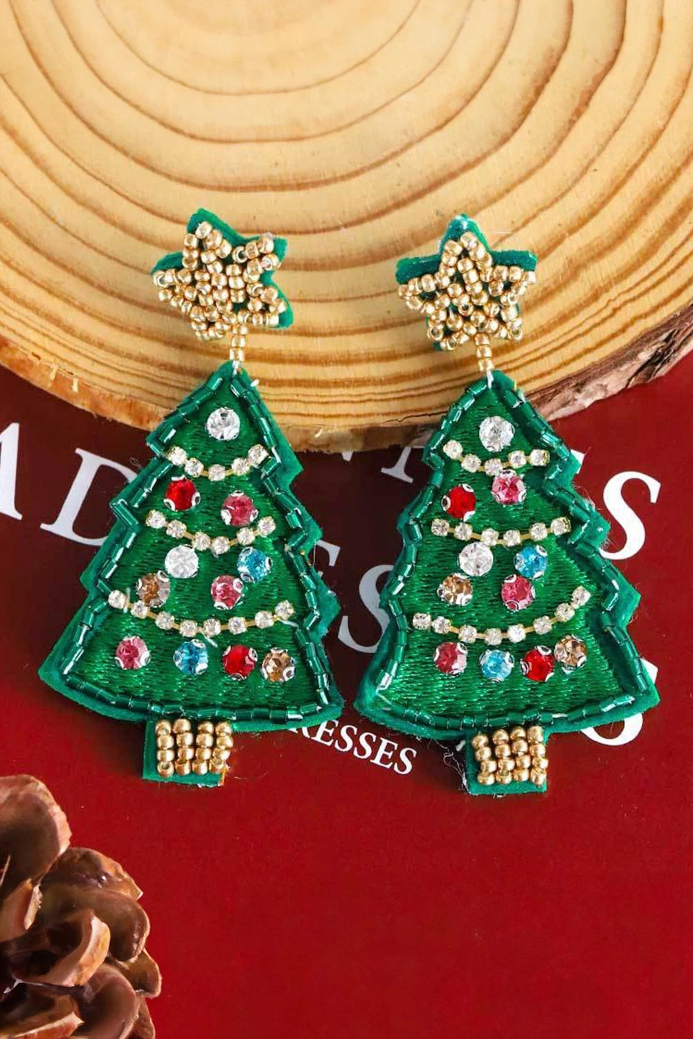Dark Green Christmas Tree Rhinestone Star Beaded Earrings