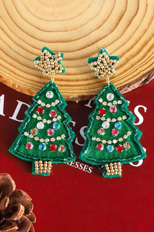Dark Green Christmas Tree Rhinestone Star Beaded Earrings