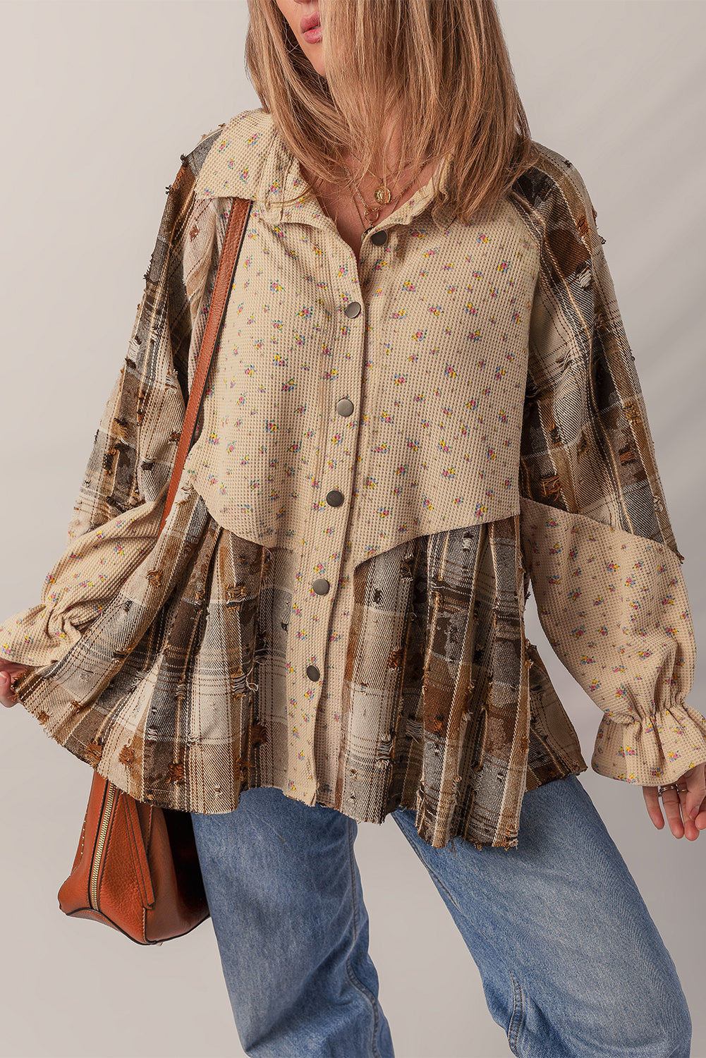 Mist Green Boho Floral Plaid Patchwork Distressed Detail Ruffled Sleeve Waffle Knit Shacket