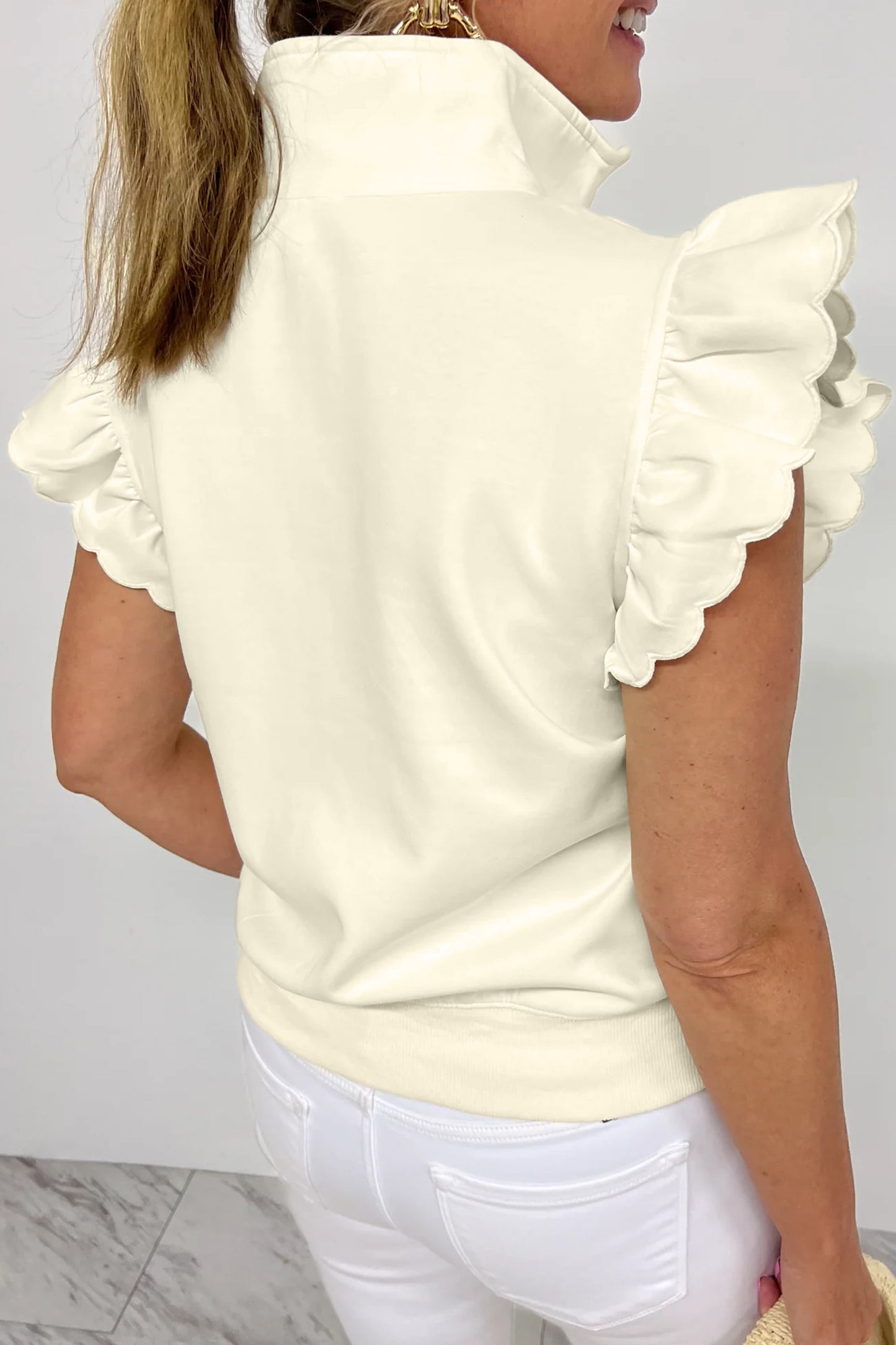 Solid Ruffle Sleeve Blouse Zip Collar Boutique Top