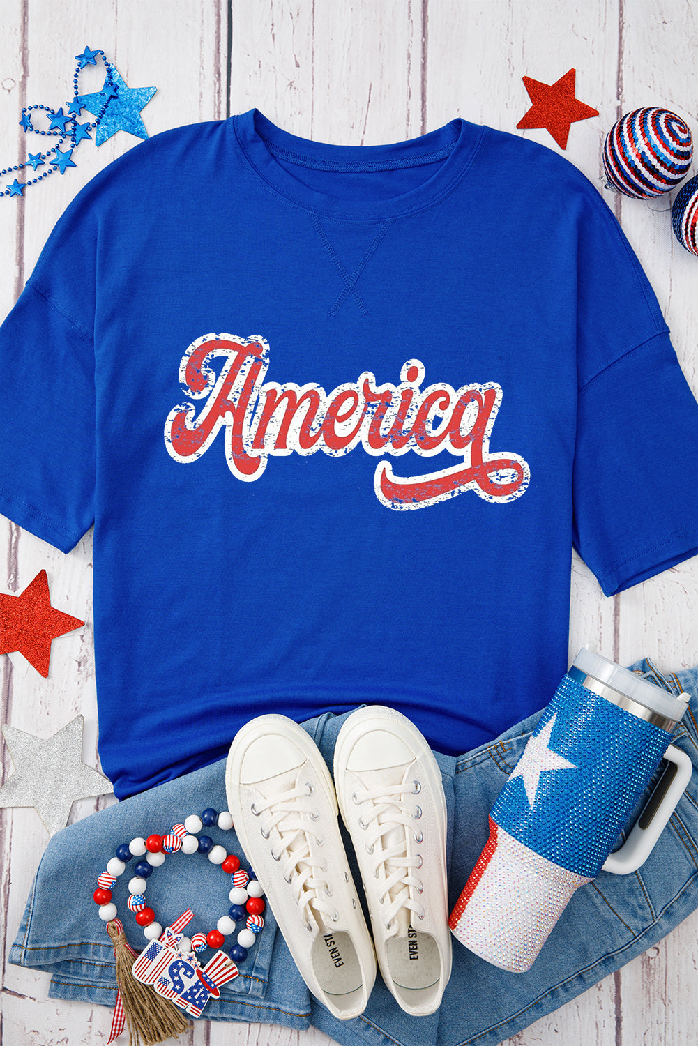 Dark Blue Contrast America Graphic Drop Shoulder Tee