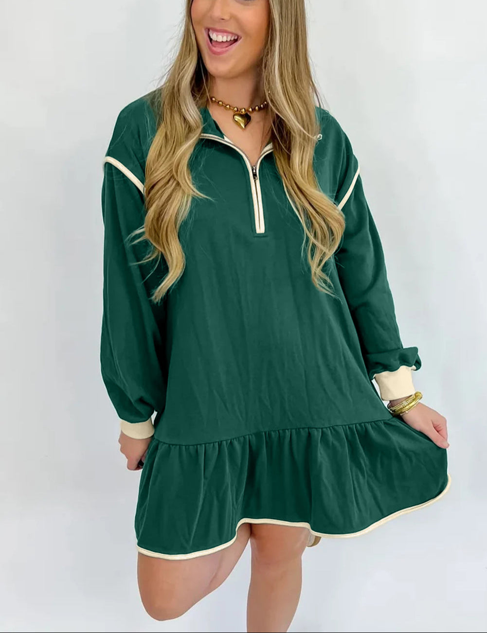 Evergreen Contrast Trim Zip Collar Long Sleeve Ruffle Hem Mini Dress