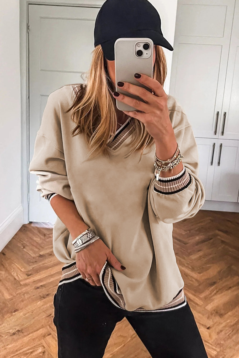 Gray Varsity Contrast Striped Trim V Neck Sweatshirt