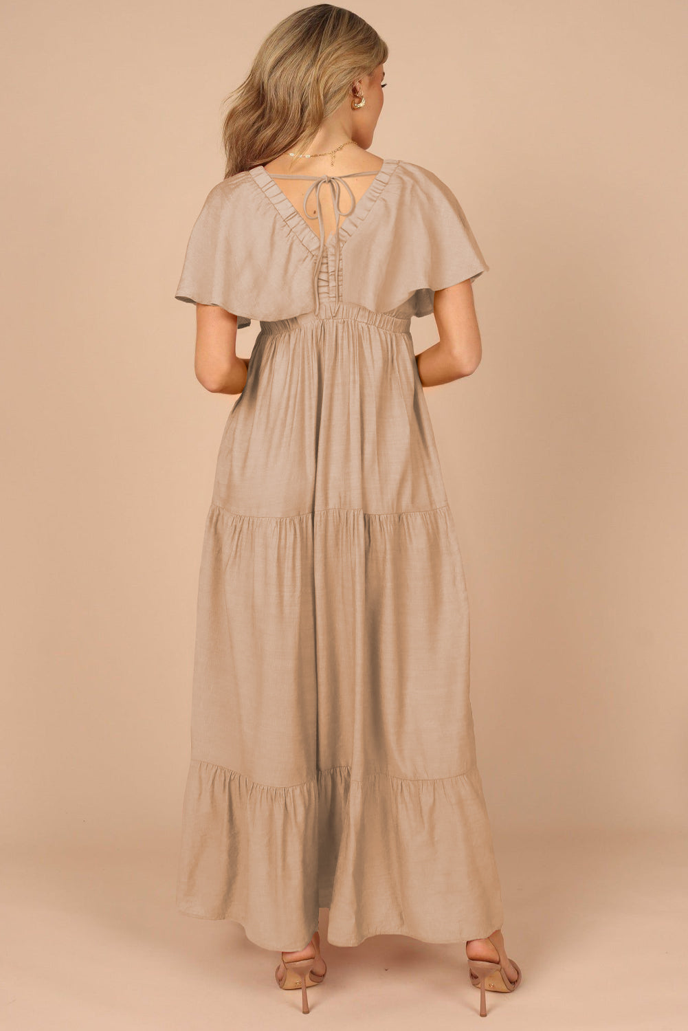 Green Textured V Neck Flutter Sleeve Ruffled Maxi Dress