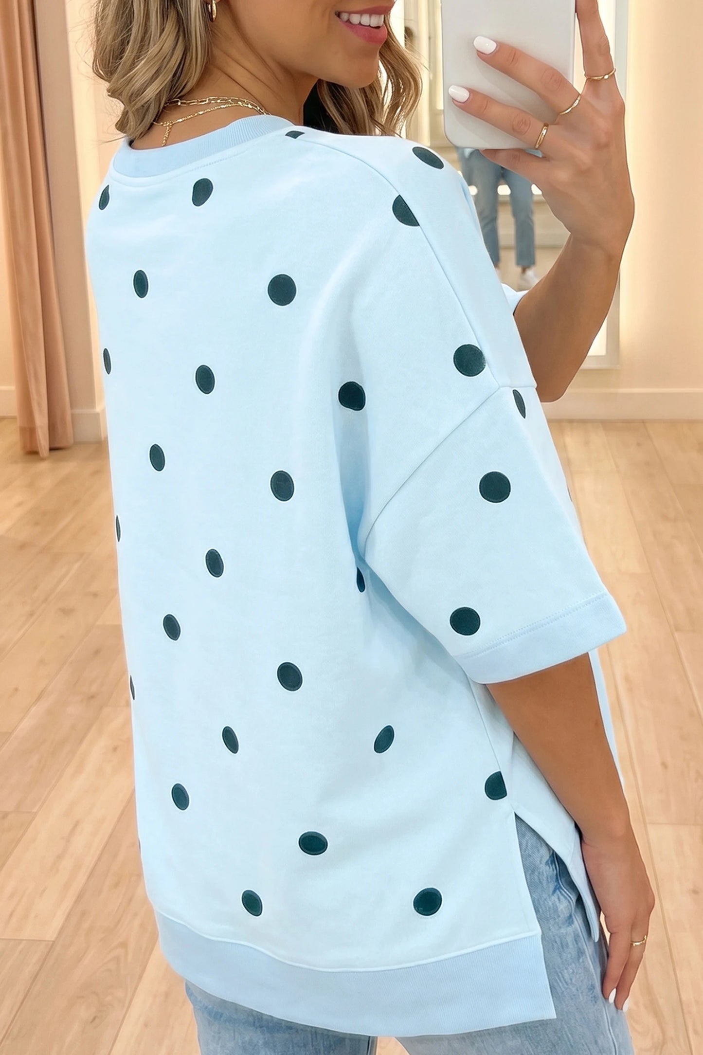Loose-fit Long Sleeve Round Neck Polka Dot Tunic Sweatshirt