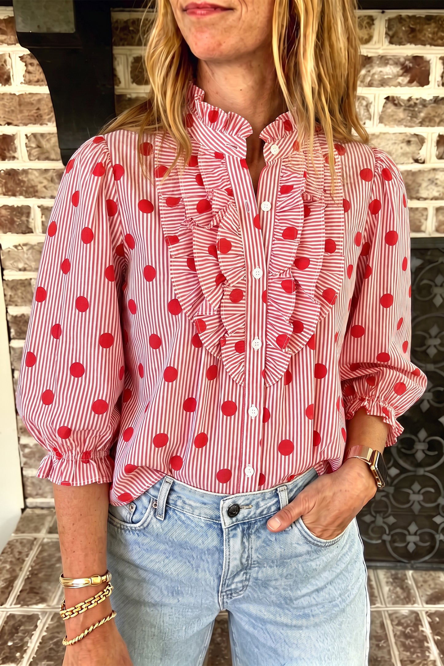 Black white Polka Dot Striped Print Ruffle Stand Neck 3/4 Sleeve Shift Shirt
