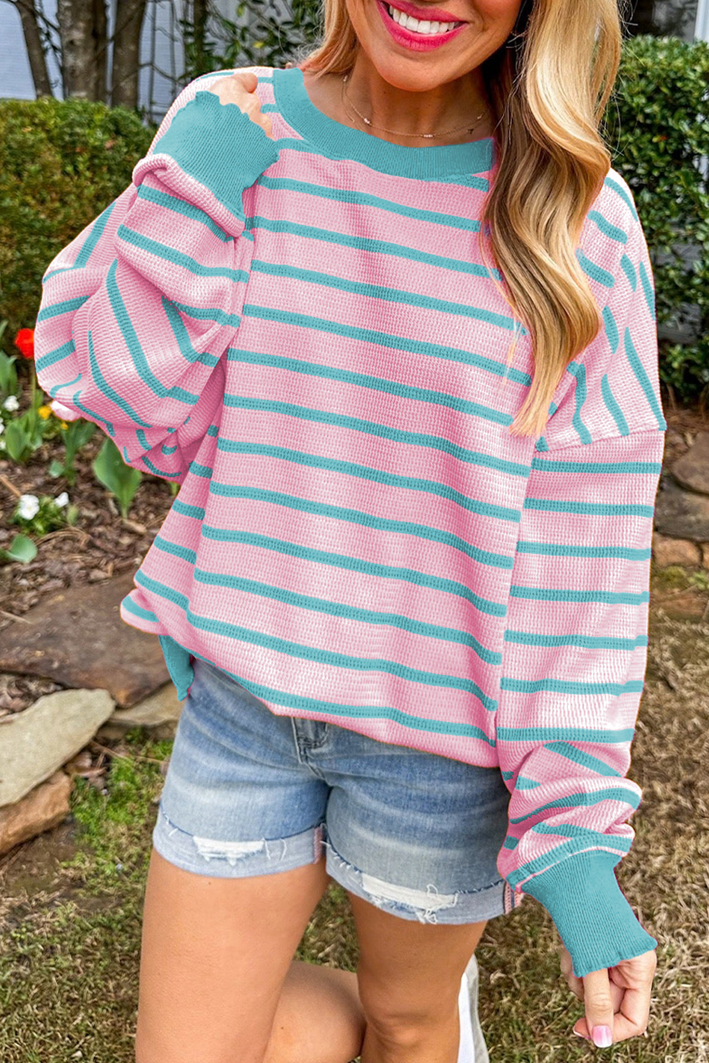 Brown Stripe Trimmed Round Neck Drop Shoulder Loose Sweater