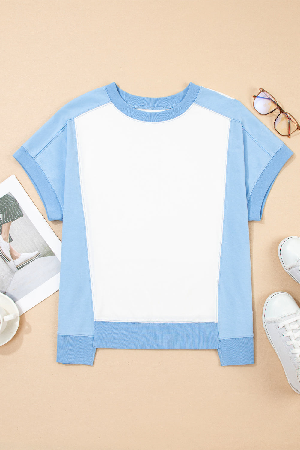 Light Green Color Block Exposed Seam Crew Neck T Shirt