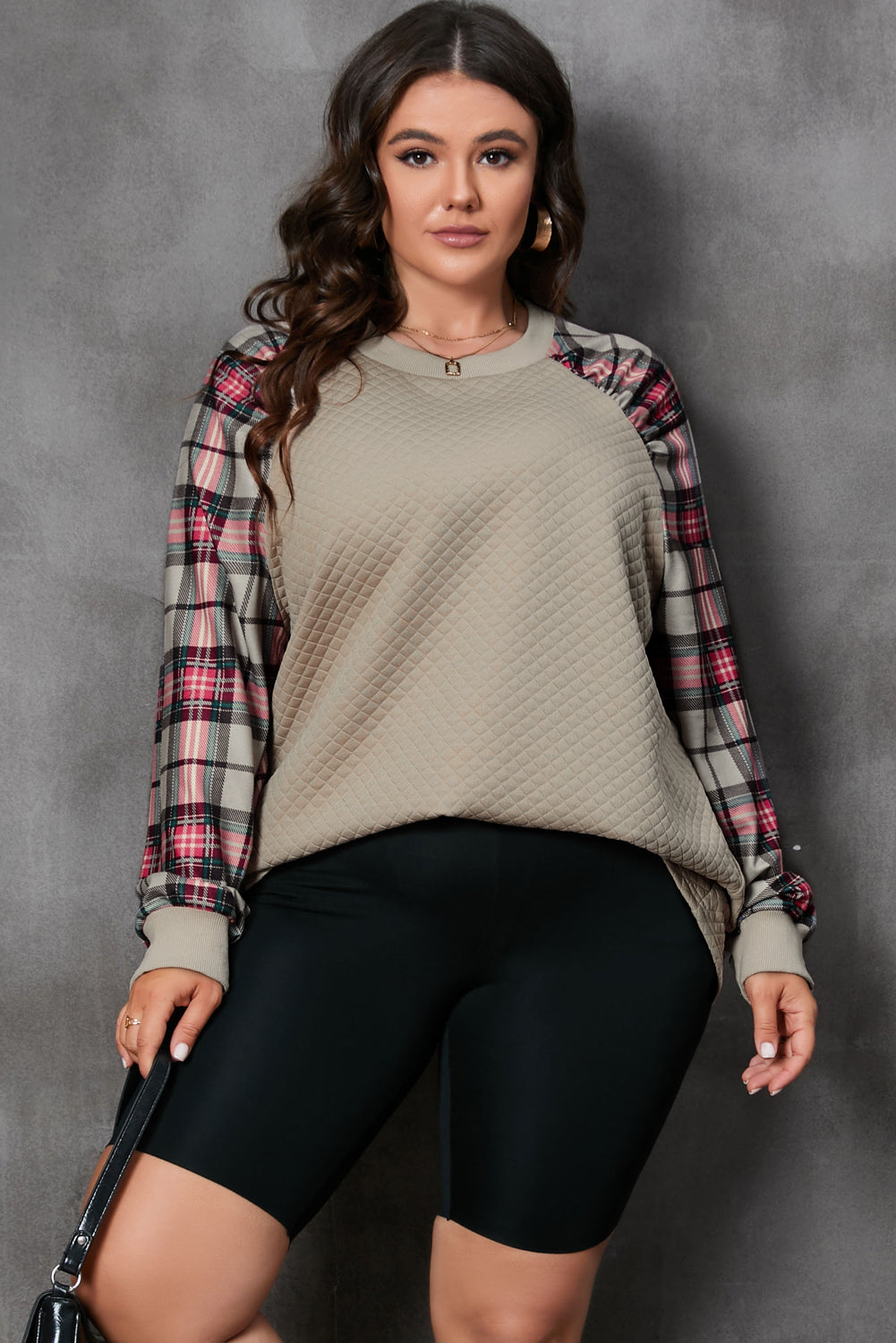 Apricot Quilted Buttoned Neckline Stand Neck Pullover Sweatshirt