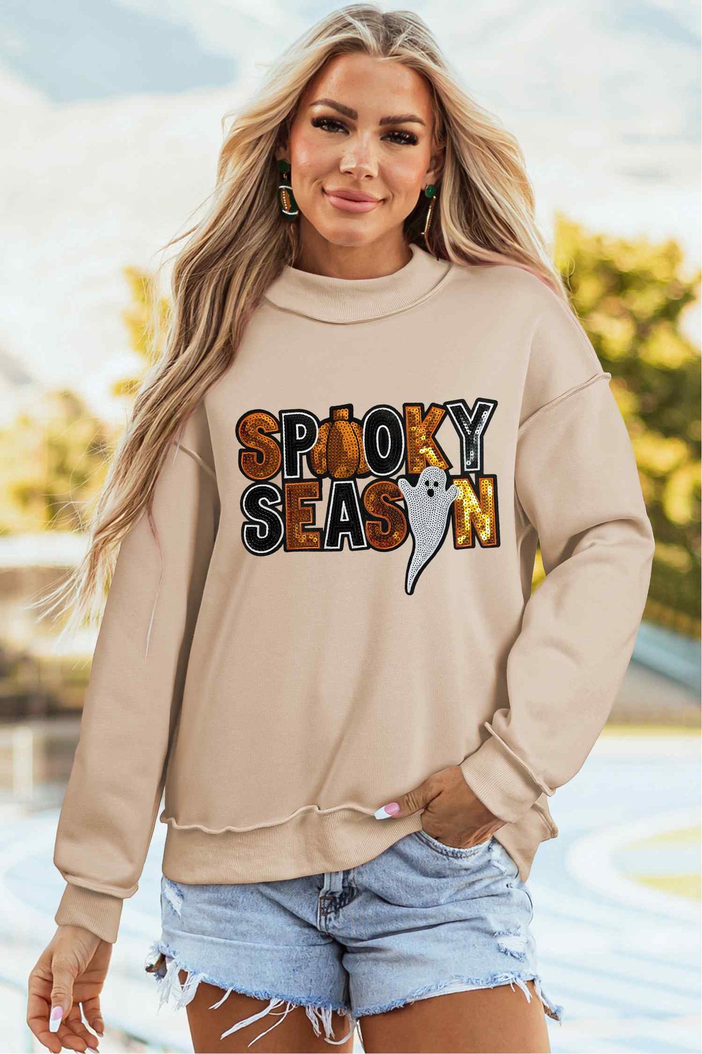 Apricot Sequin Spooky Season Graphic Mock Neck Halloween Sweatshirt