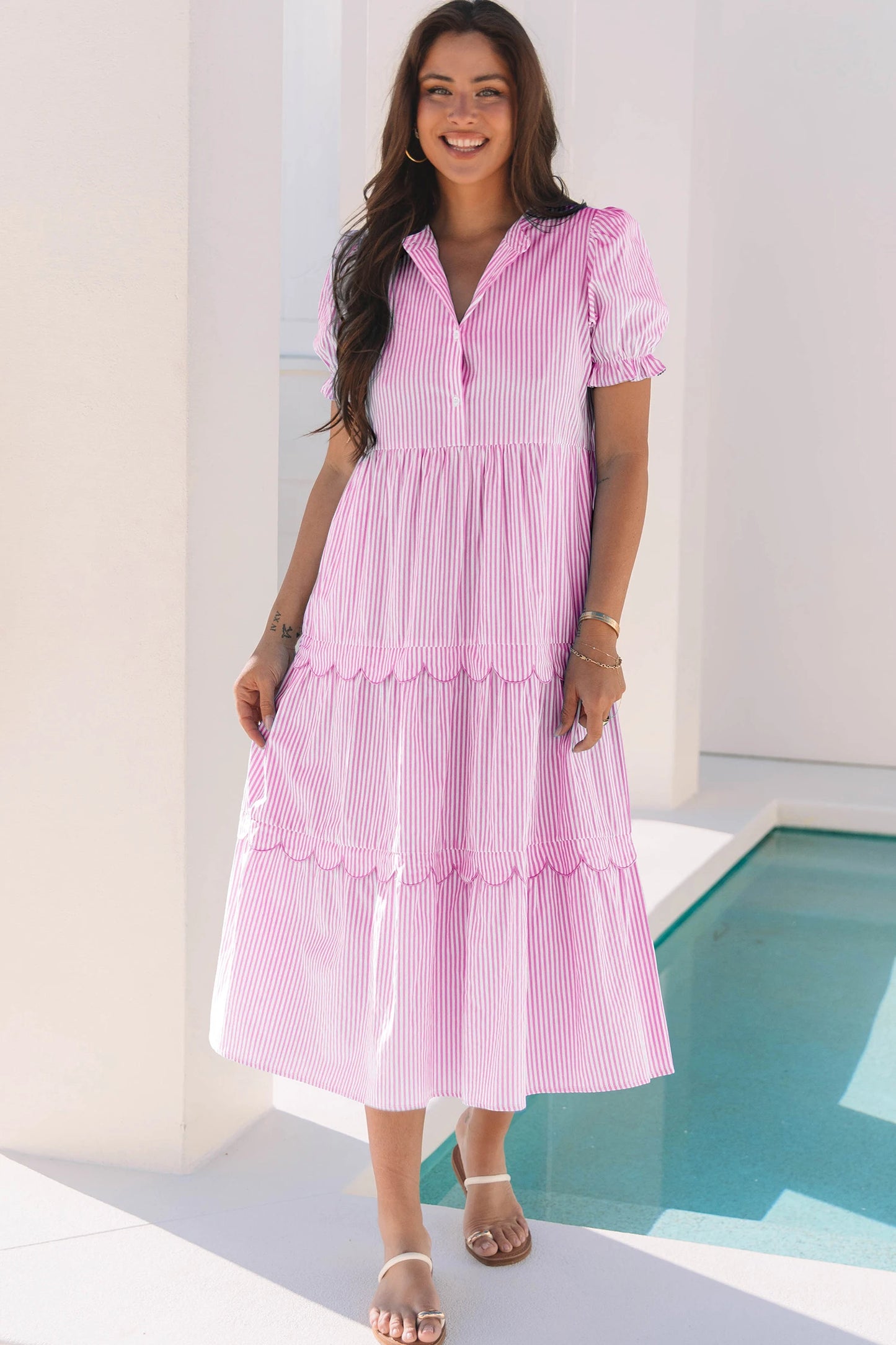 Sky Blue Stripe Bubble Short Sleeve Tiered Scallop Long Dress