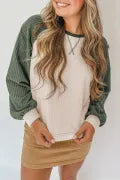 Mist Green Waffle Color Block Raglan Sleeve Top