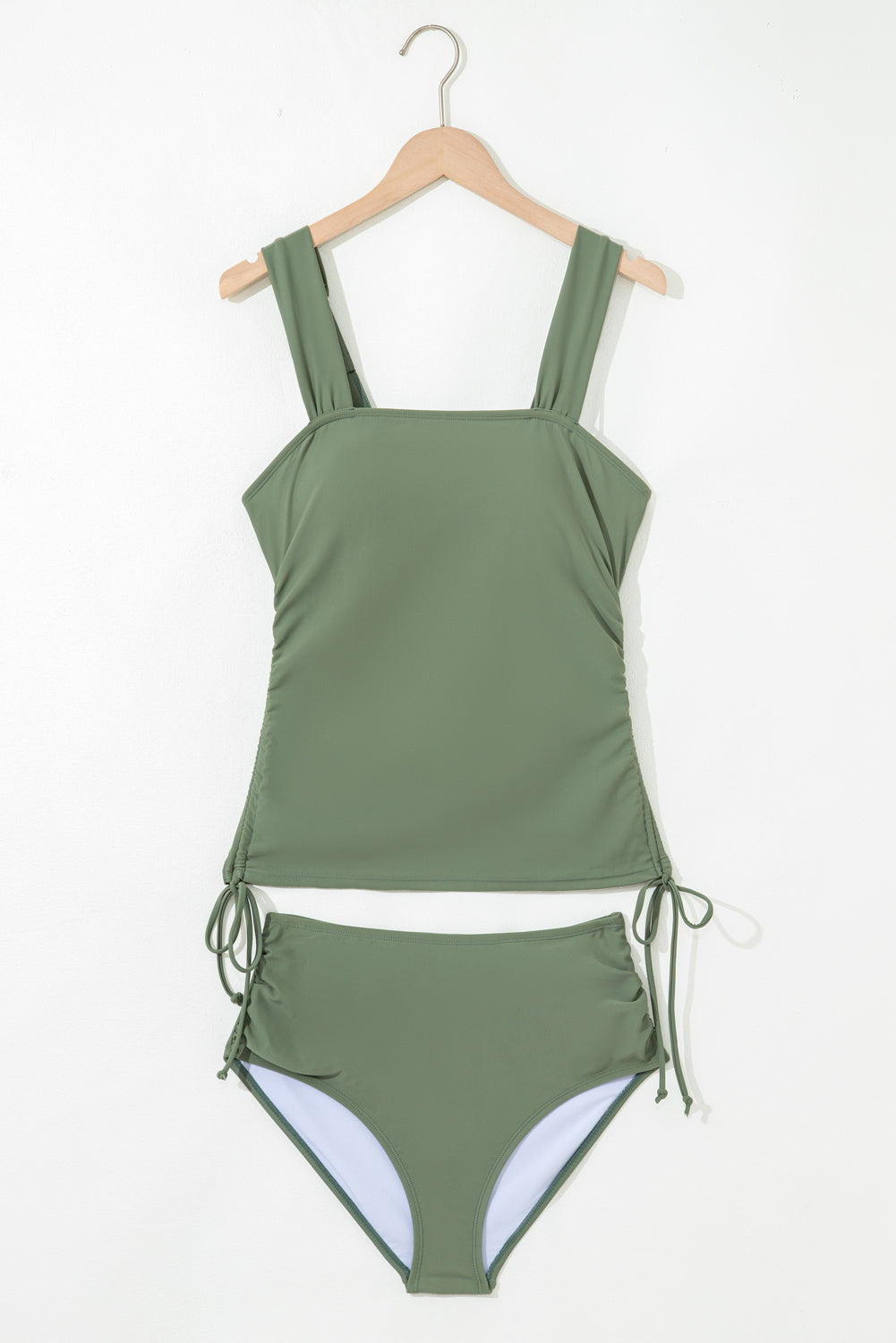 Mist Green Drawstring Ruched Wide Straps Tankini Set