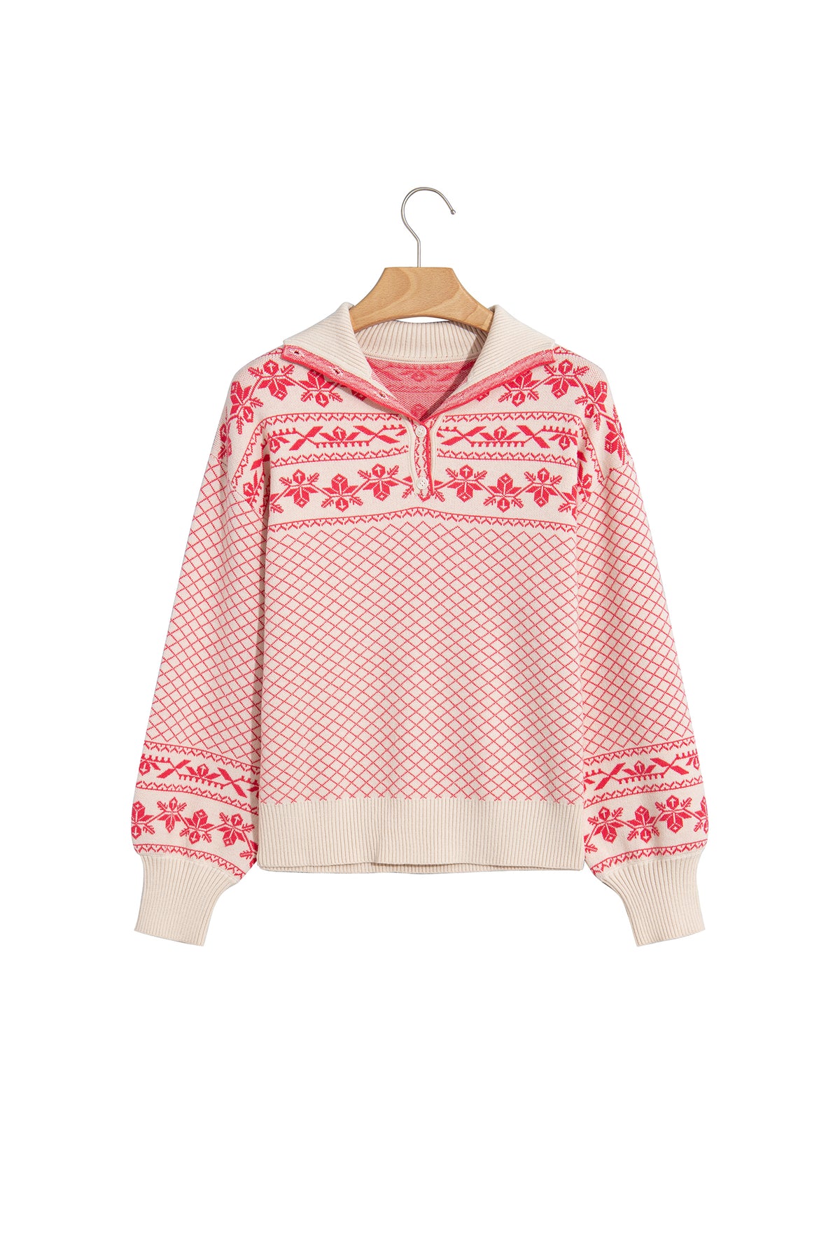 Sachet Pink Cozy Abstract Print Button Stand Neck Casual Sweater